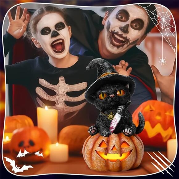 Halloween Decorations Indoor Halloween Decor Resin 7.3” Tall Black Cat on - Picture 7 of 8